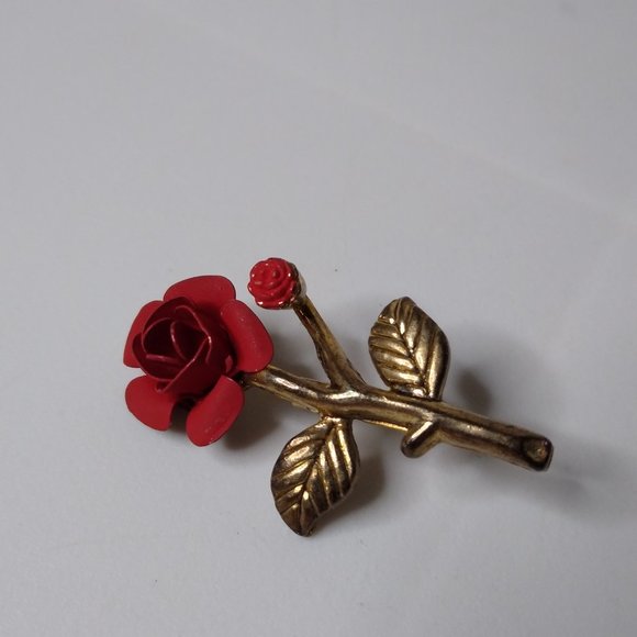 Vintage Little Metal Red Rose Brooch - Picture 4 of 14